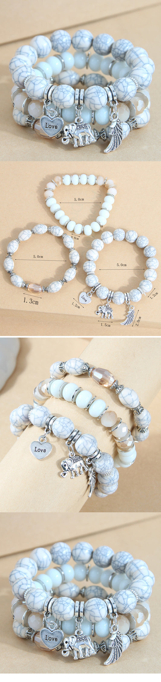 3 Piece Set Retro Letter Heart Shape Elephant Alloy Glass Beaded Women's Bracelets