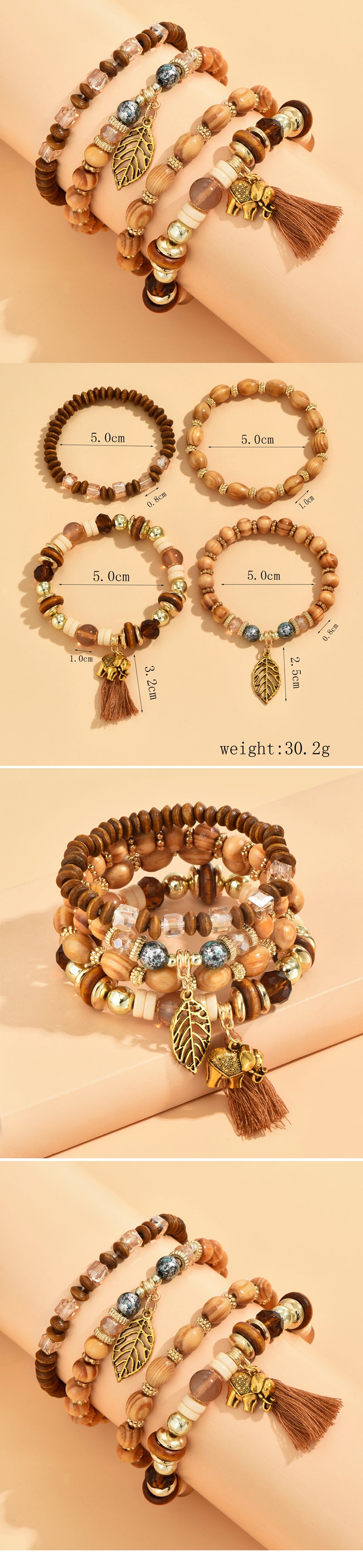 4 Piece Set Ethnic Style Leaf Tassel Elephant Alloy Wood Beaded Women's Bracelets