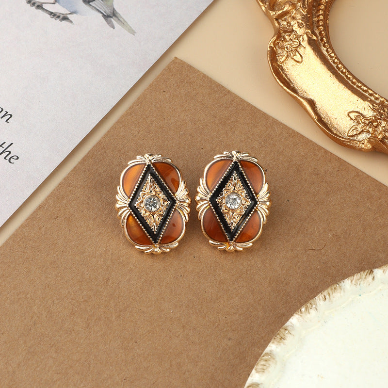 Palace Style Luxury Colored Enamel Glaze 925 Silver Stud Earrings Female Vintage Retro Hong Kong Style Middle Ancient Earrings Jewelry