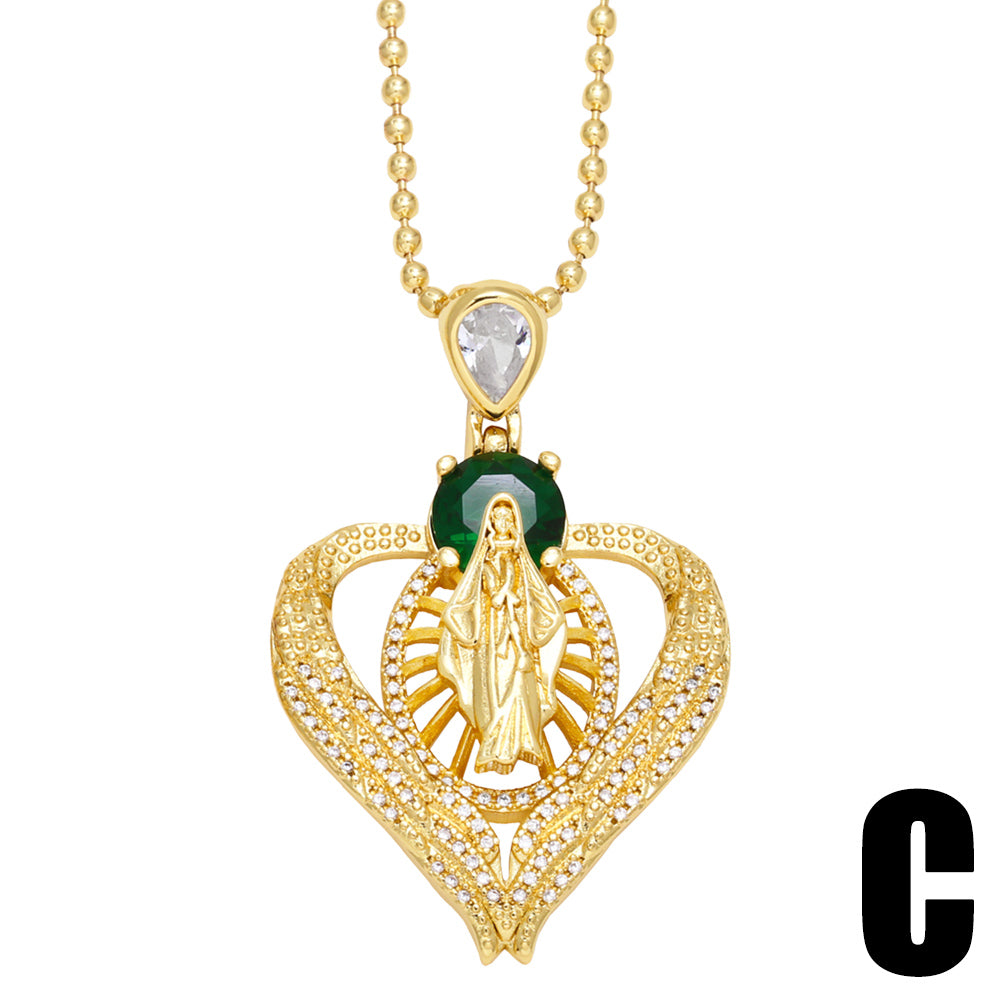 Fashion Virgin Mary Heart Shape Copper 18k Gold Plated Zircon Pendant Necklace In Bulk