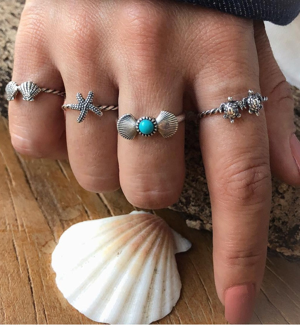 Beach Tortoise Starfish Shell Alloy Inlay Turquoise Women's Rings