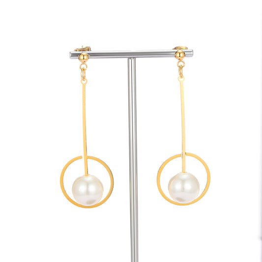 1 Pair Fashion Round Ball Pearl Plating Stainless Steel 18k Gold Plated Drop Earrings