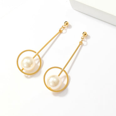 1 Pair Fashion Round Ball Pearl Plating Stainless Steel 18k Gold Plated Drop Earrings