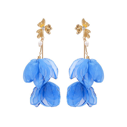 1 Pair Fashion Flower Cloth Pearl Inlay Rhinestones Women's Drop Earrings