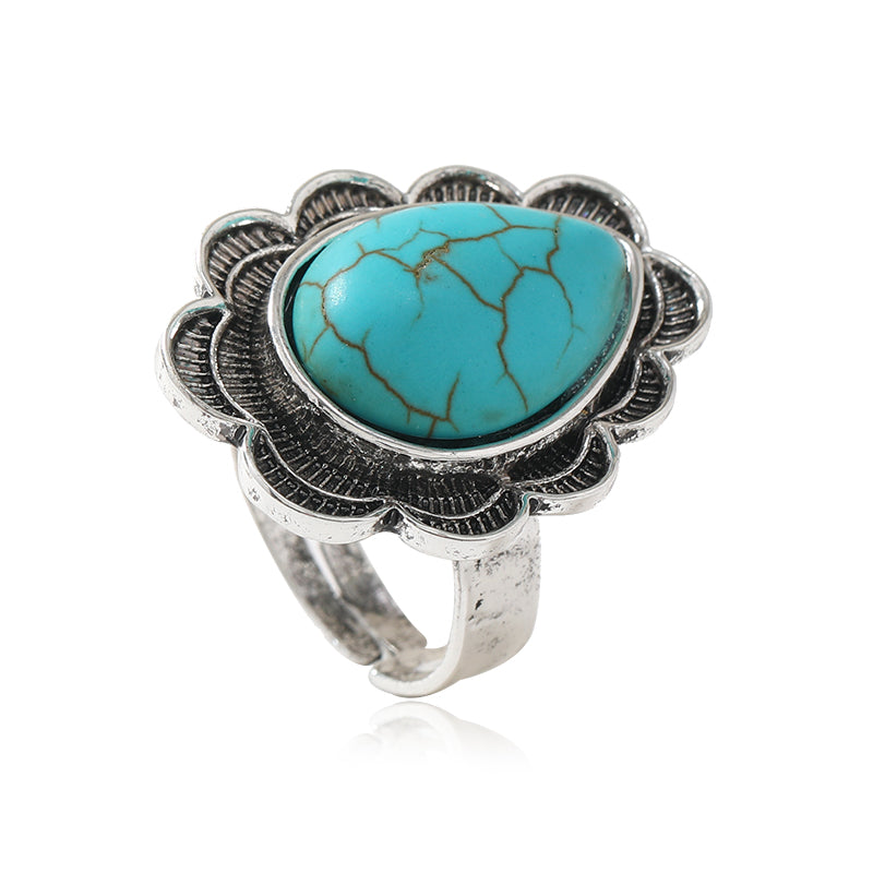 Classical Ethnic Style Water Droplets Alloy Inlay Turquoise Women's Open Ring