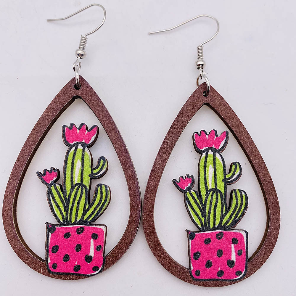 1 Pair Fashion Cactus Wood Women's Drop Earrings