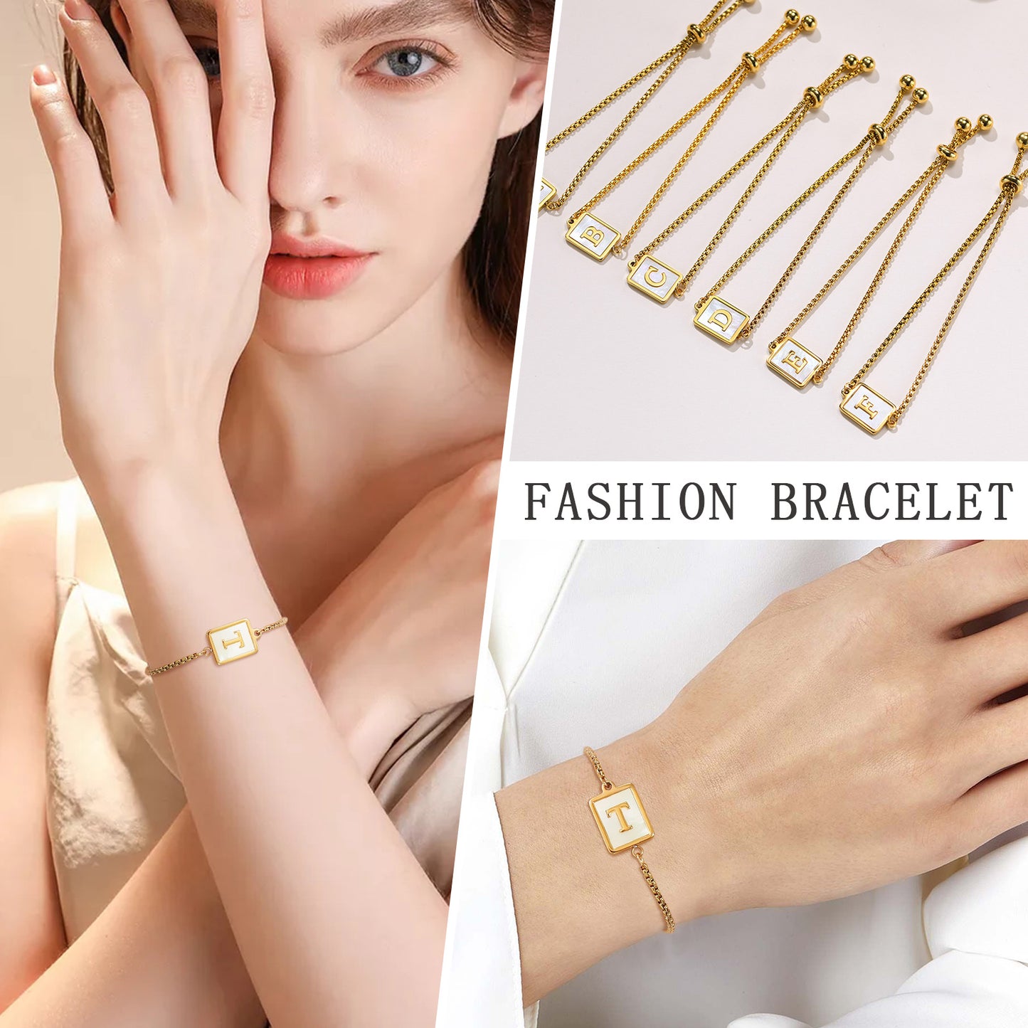 Elegant Letter Stainless Steel Inlay Shell 18k Gold Plated Bracelets