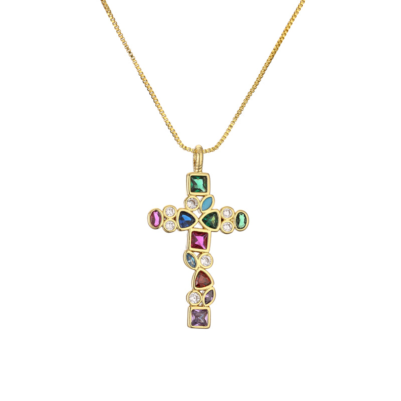 Fashion Cross Copper Plating Inlay Zircon Gold Plated Pendant Necklace