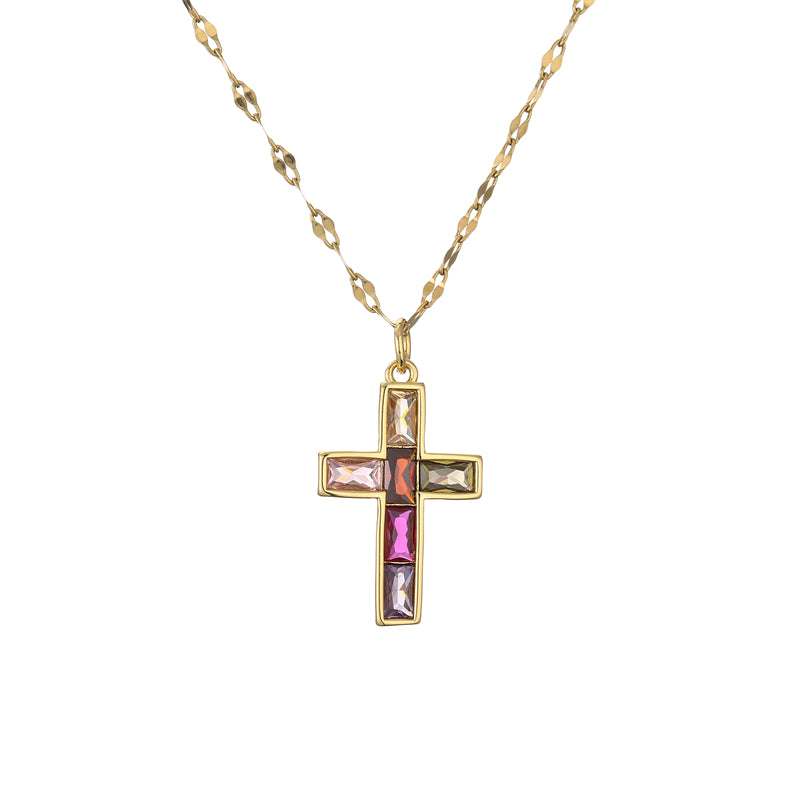 Fashion Cross Copper Plating Inlay Zircon Gold Plated Pendant Necklace