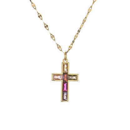 Fashion Cross Copper Plating Inlay Zircon Gold Plated Pendant Necklace