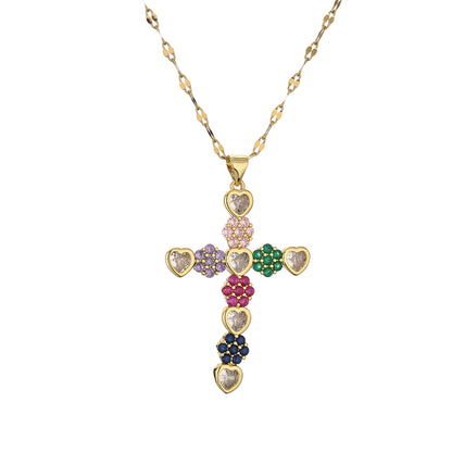 Fashion Cross Copper Plating Inlay Zircon Gold Plated Pendant Necklace