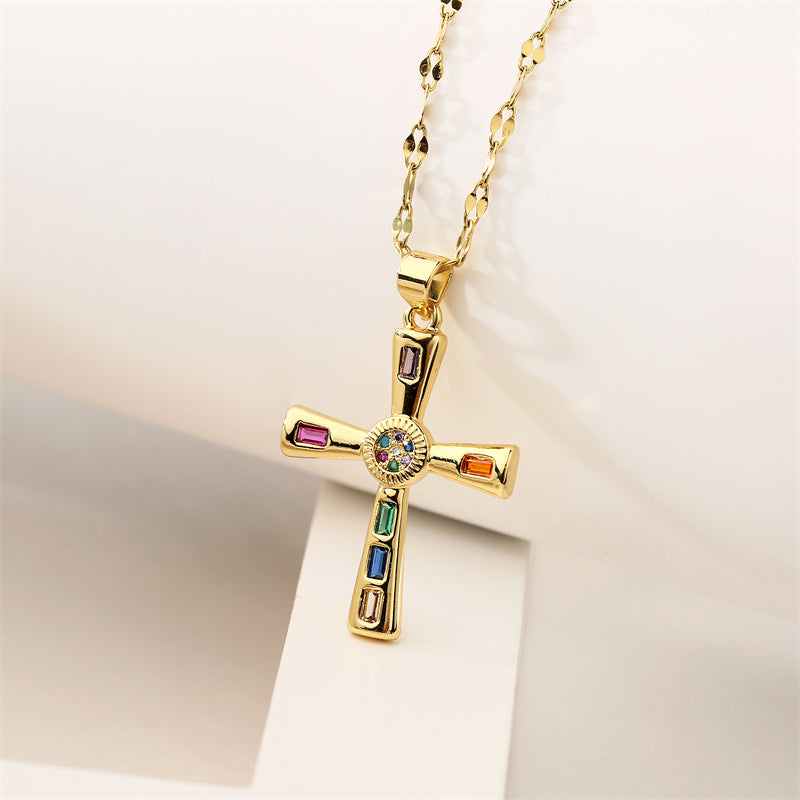 1 Piece Artistic Cross Copper Plating Inlay Zircon Pendant Necklace