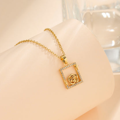 Korean Style Cross Square Flower Stainless Steel Titanium Steel Plating Inlay Zircon 18k Gold Plated Gold Plated Pendant Necklace