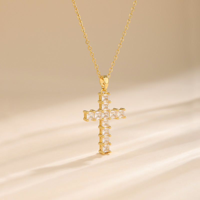 Korean Style Cross Square Flower Stainless Steel Titanium Steel Plating Inlay Zircon 18k Gold Plated Gold Plated Pendant Necklace