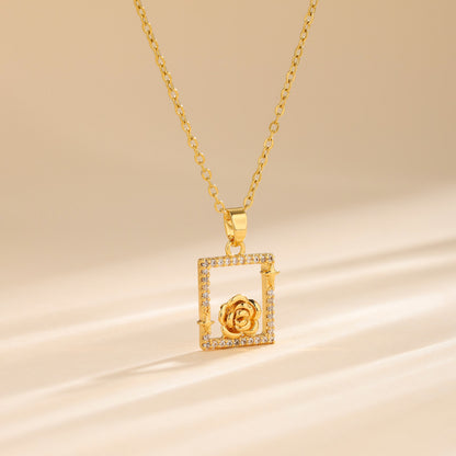 Korean Style Cross Square Flower Stainless Steel Titanium Steel Plating Inlay Zircon 18k Gold Plated Gold Plated Pendant Necklace