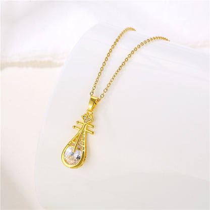 Wholesale Vintage Style Four Leaf Clover Butterfly Key Stainless Steel Titanium Steel Plating Inlay 18k Gold Plated Gold Plated Zircon Pendant Necklace