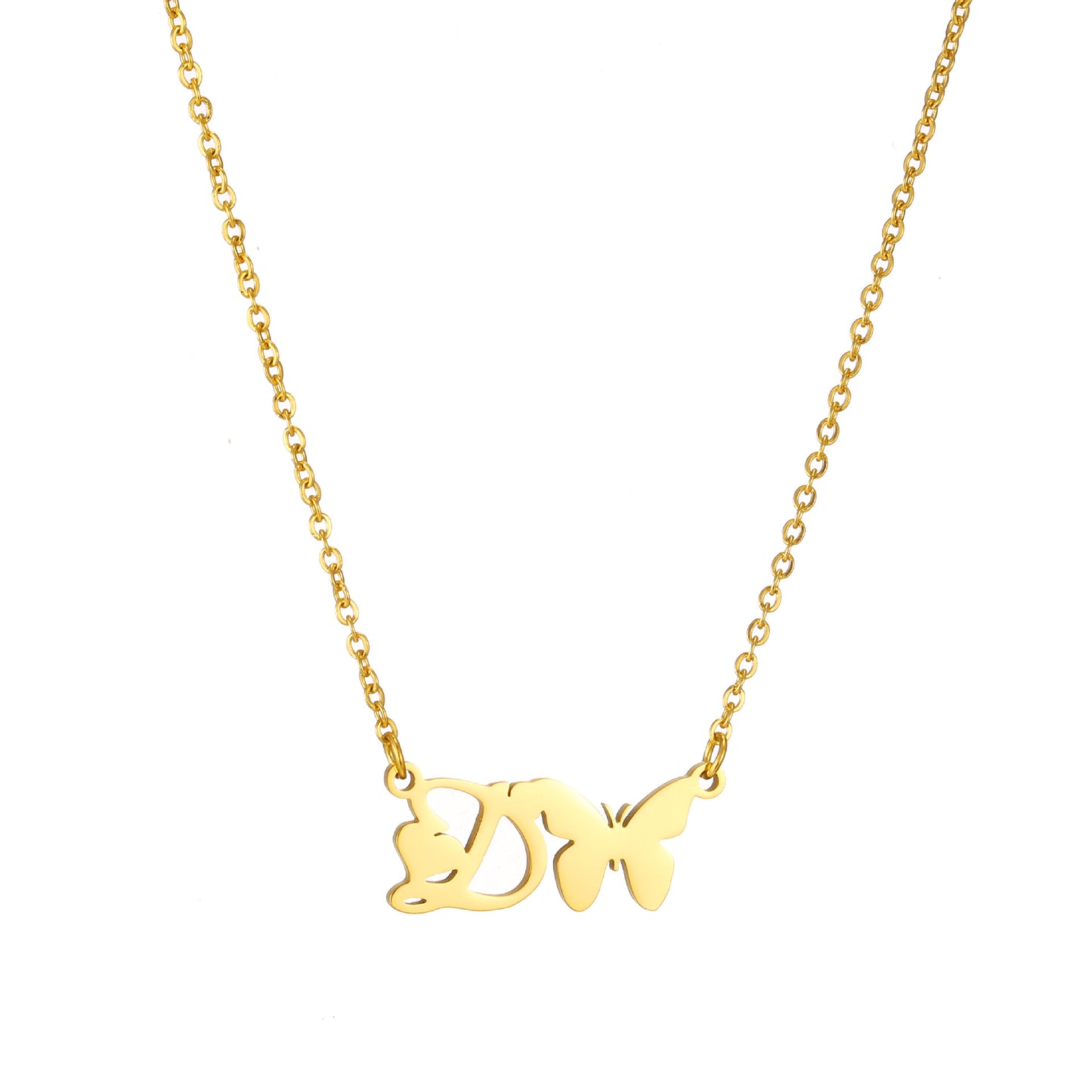 Elegant Letter Butterfly Titanium Steel Plating 18k Gold Plated Pendant Necklace