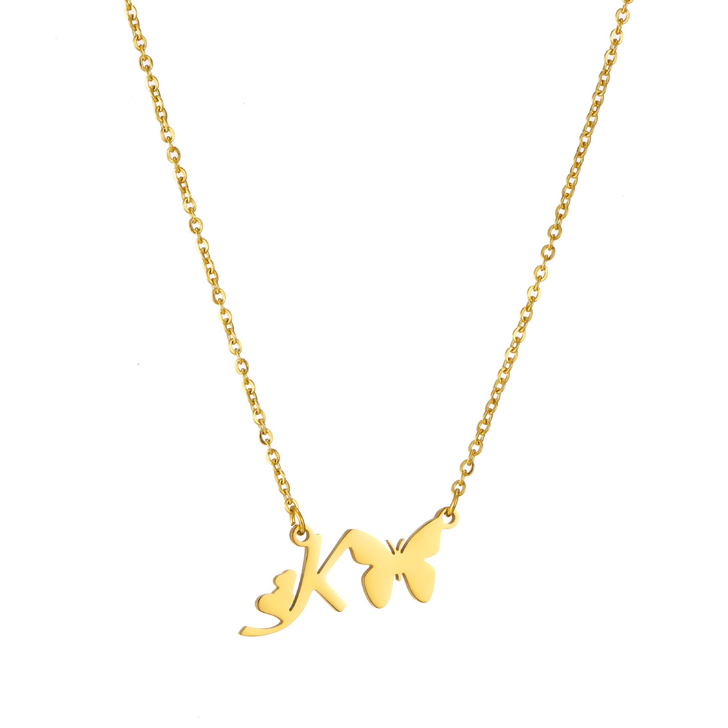 Elegant Letter Butterfly Titanium Steel Plating 18k Gold Plated Pendant Necklace