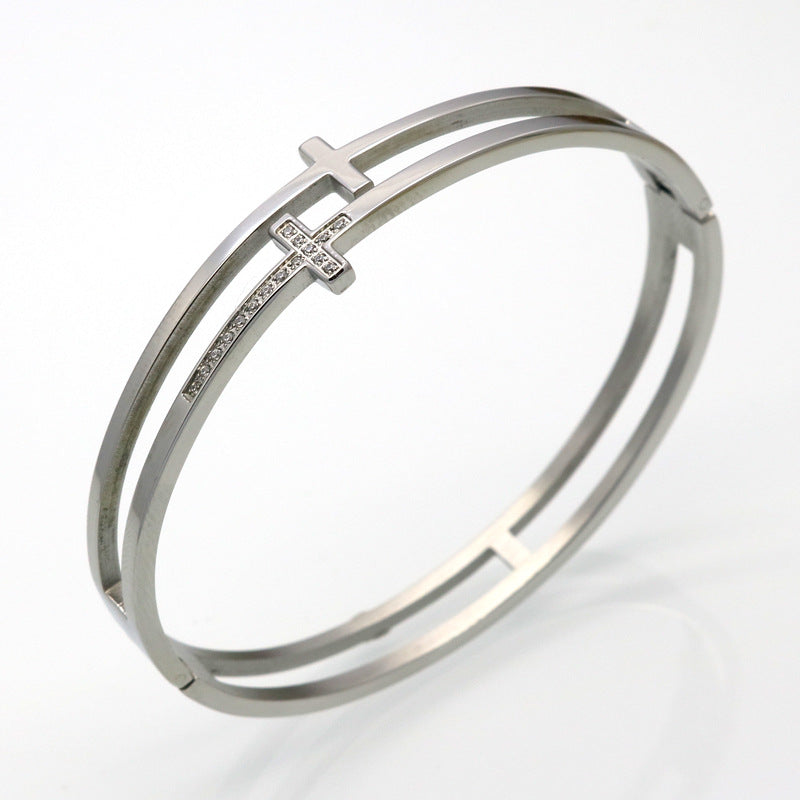 Fashion Cross Titanium Steel Inlay Rhinestones Bangle