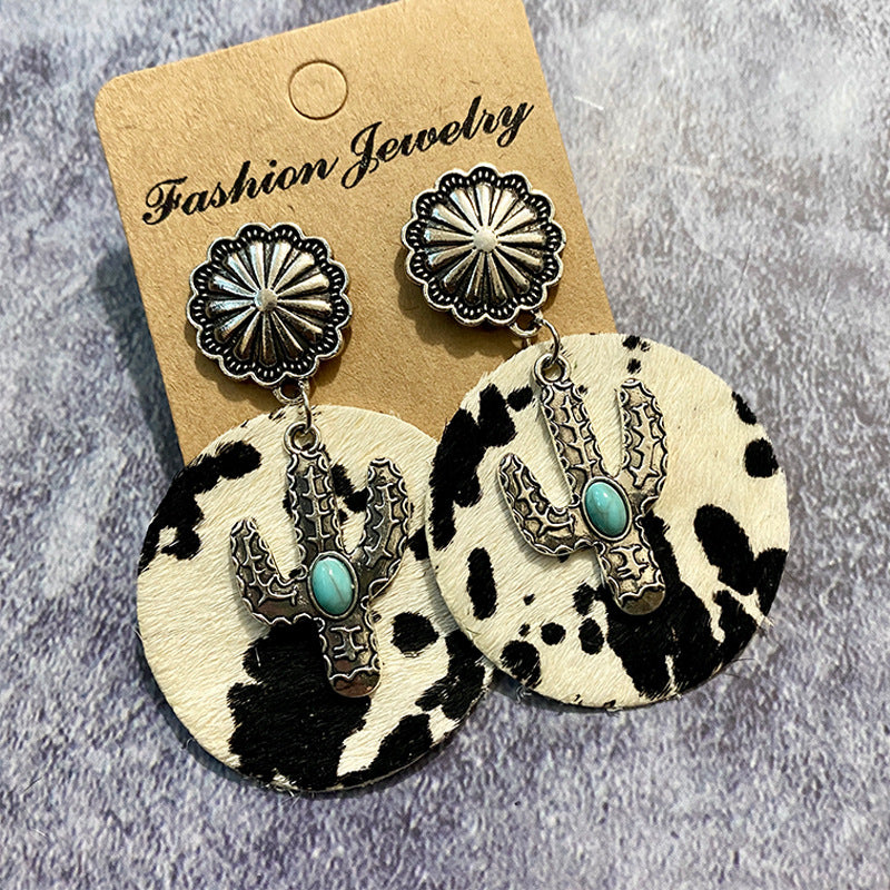 1 Pair Bohemian Cactus Alloy Leather Inlay Turquoise Women's Drop Earrings