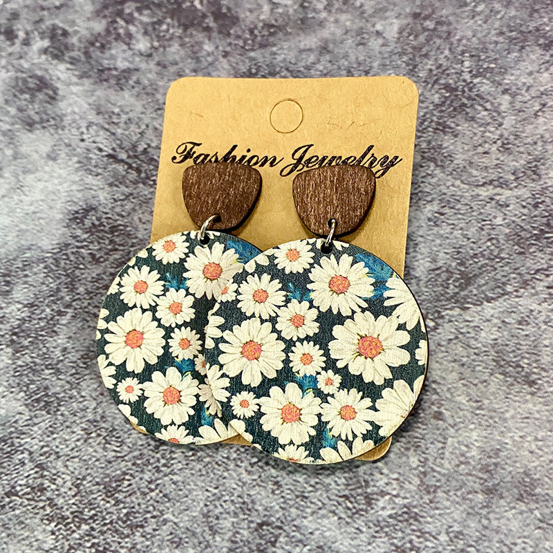 1 Pair Retro Flower Wood Copper Printing Patchwork Women's Drop Earrings