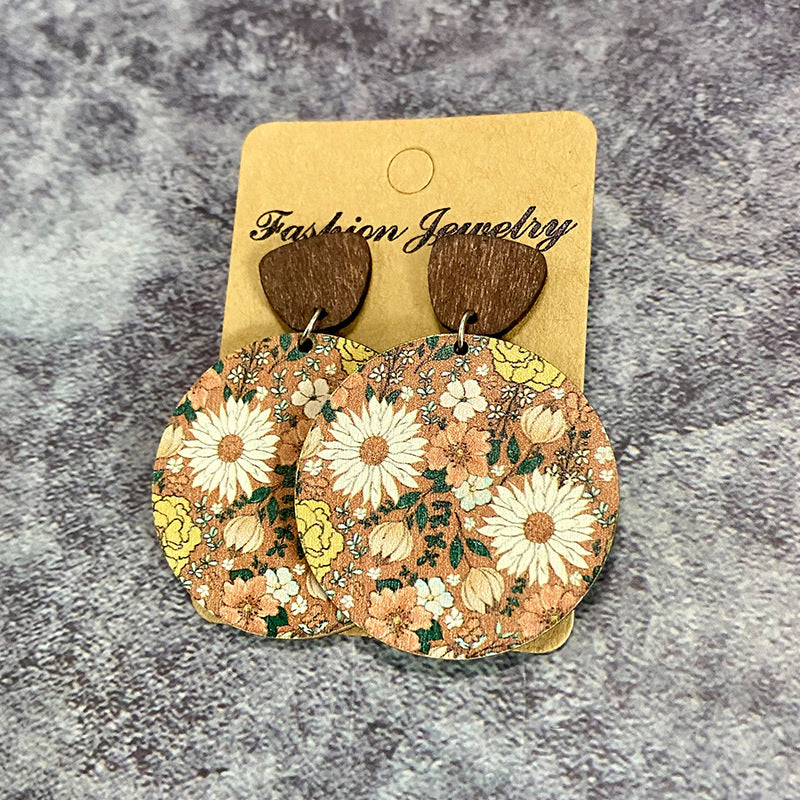 1 Pair Retro Flower Wood Copper Printing Patchwork Women's Drop Earrings