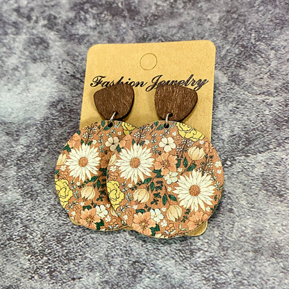 1 Pair Retro Flower Wood Copper Printing Patchwork Women's Drop Earrings