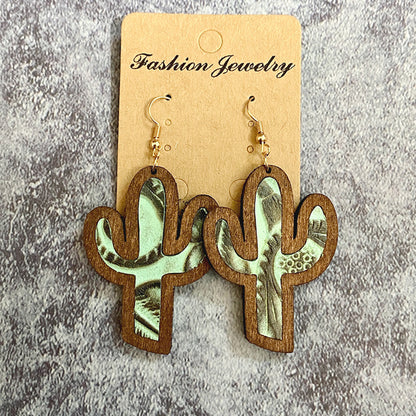 1 Pair Retro Cactus Wood Copper Printing Patchwork Women's Drop Earrings