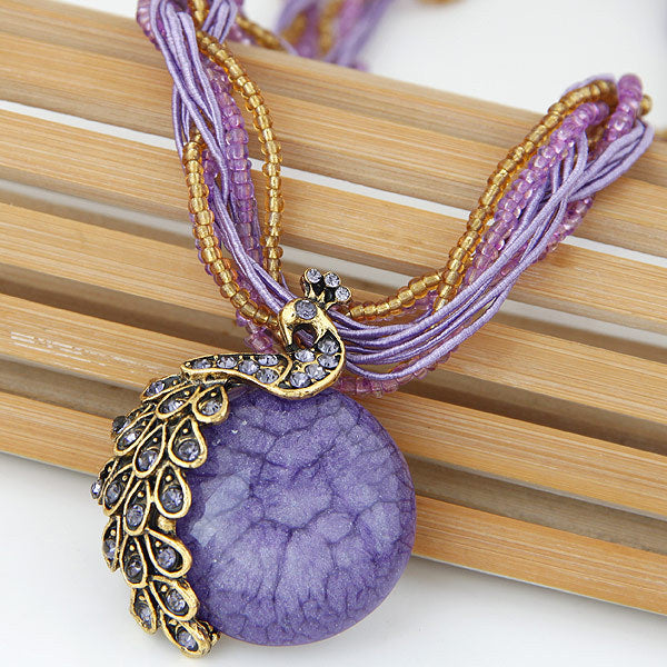 Ethnic Style Peacock Alloy Resin Seed Bead Plating Inlay Gem Women's Pendant Necklace