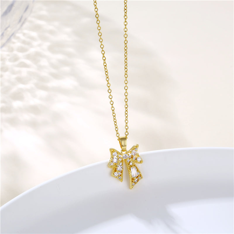 Copper 18K Gold Plated Artistic Plating Inlay House Teapot Butterfly Zircon Pendant Necklace