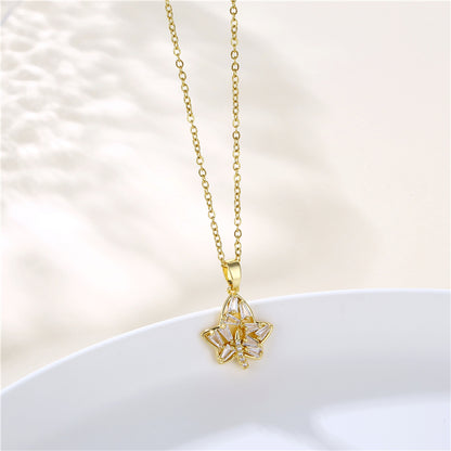 Copper 18K Gold Plated Artistic Plating Inlay House Teapot Butterfly Zircon Pendant Necklace