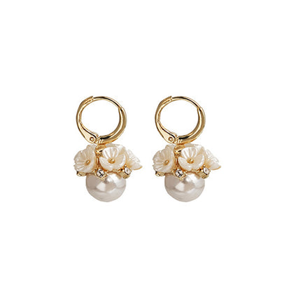 Wholesale Jewelry 1 Pair Fairy Style Korean Style Flower Alloy Shell Artificial Pearls Artificial Diamond Drop Earrings