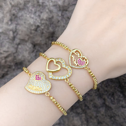 1 Piece Mama Letter Heart Shape Copper Plating Inlay Zircon 18k Gold Plated Bracelets