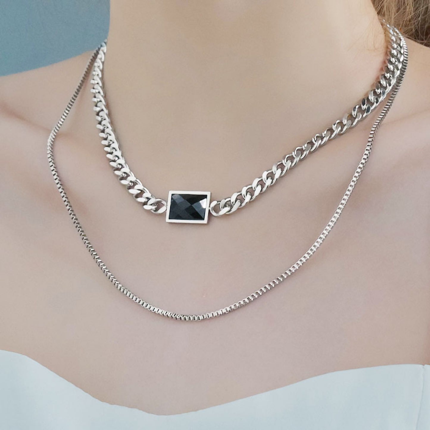 Hip-hop Square Stainless Steel Plating Inlay Artificial Gemstones Silver Plated Layered Necklaces