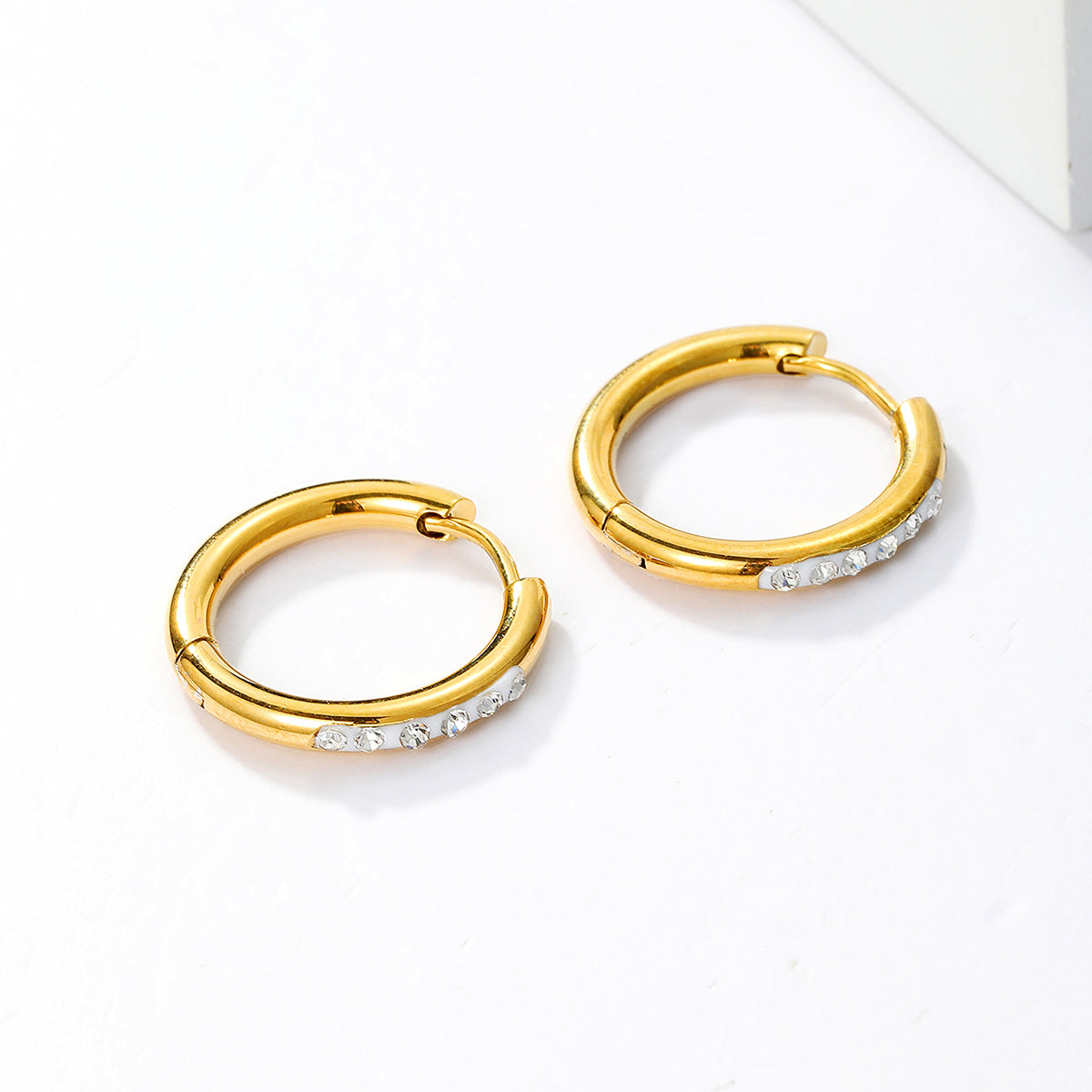 Wholesale 1 Pair Cool Style Circle Stainless Steel 18k Gold Plated Rhinestones Hoop Earrings