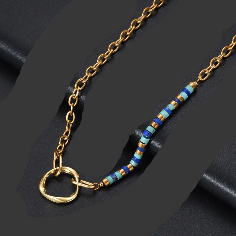 Wholesale Classic Style Circle Stainless Steel 14k Gold Plated Turquoise Pendant Necklace