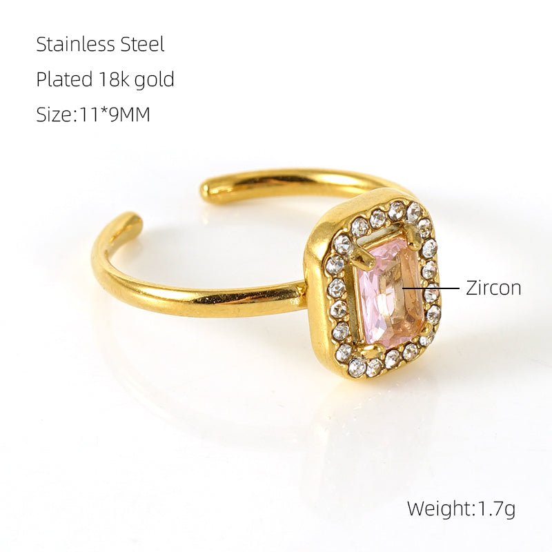 Shiny Square Water Droplets Heart Shape Stainless Steel Plating Inlay Zircon 18k Gold Plated Open Ring