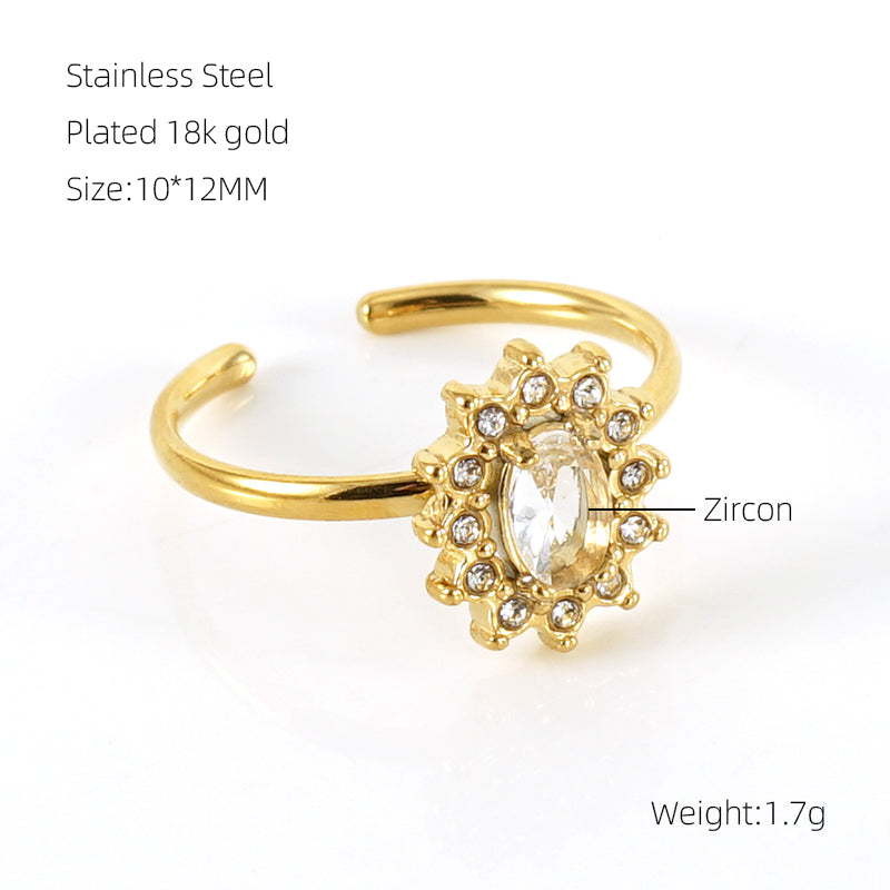 Shiny Square Water Droplets Heart Shape Stainless Steel Plating Inlay Zircon 18k Gold Plated Open Ring