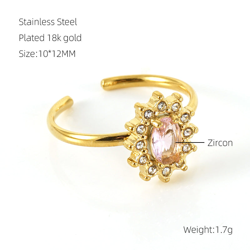 Shiny Square Water Droplets Heart Shape Stainless Steel Plating Inlay Zircon 18k Gold Plated Open Ring