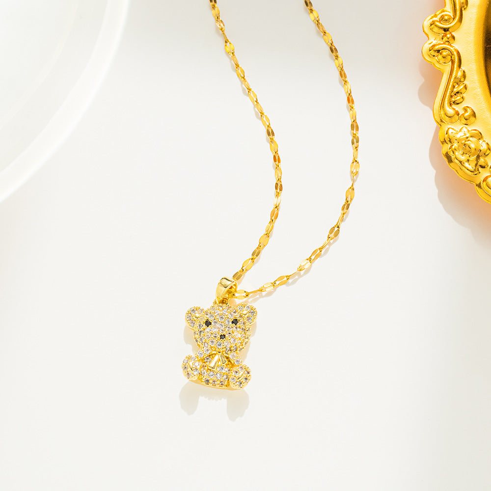 Cute Simple Style Bear Titanium Steel Inlay Zircon Pendant Necklace