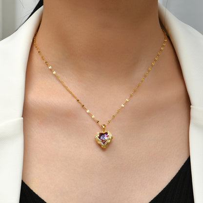 Wholesale Elegant Romantic Heart Shape Stainless Steel 18k Gold Plated Zircon Pendant Necklace