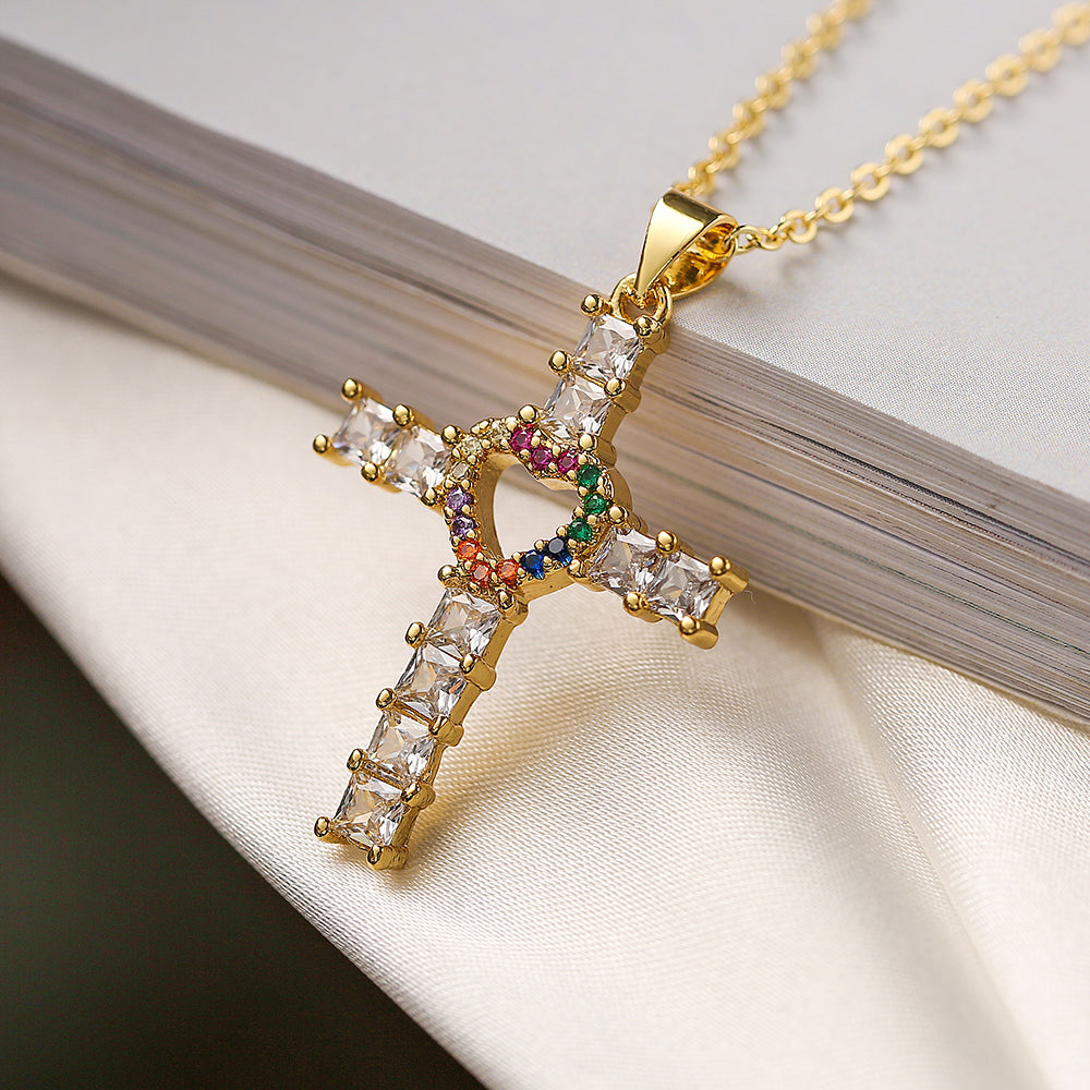 Ins Style Cross Heart Shape Copper 18k Gold Plated Zircon Pendant Necklace In Bulk