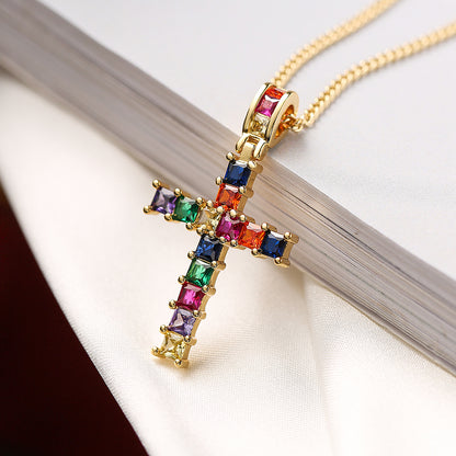 Ins Style Cross Copper Plating Inlay Zircon 18k Gold Plated Pendant Necklace