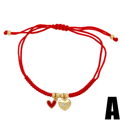 Simple Style Heart Shape Rope Copper Beaded Plating Inlay Zircon 18k Gold Plated Women'S Bracelets