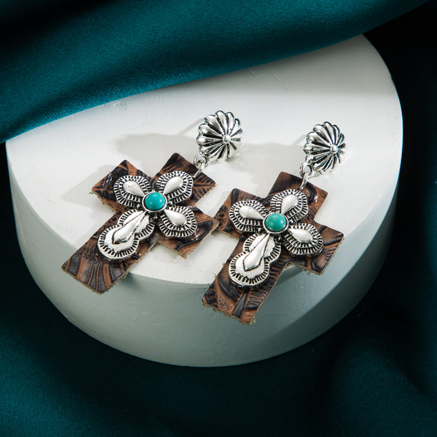 Vintage Style Ethnic Style Cross Pu Leather Alloy Plating Inlay Turquoise Silver Plated Women's Drop Earrings