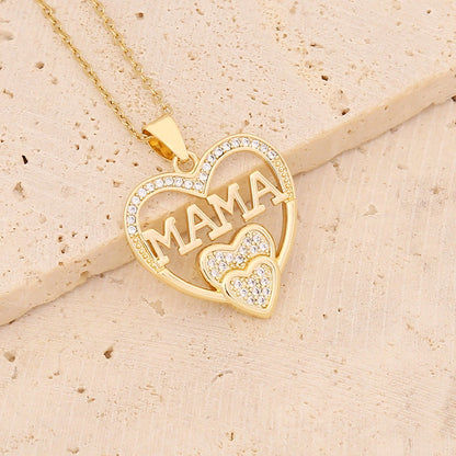 Wholesale Casual Mama Letter Heart Shape Stainless Steel Rhinestone 18k Gold Plated Zircon Pendant Necklace