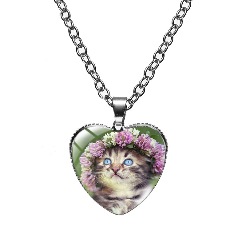 Cute Heart Shape Cat Glass Glass Plating Women's Pendant Necklace