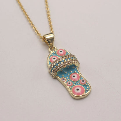 Ethnic Style Slippers Eye Copper Inlay Zircon 18k Gold Plated Pendant Necklace