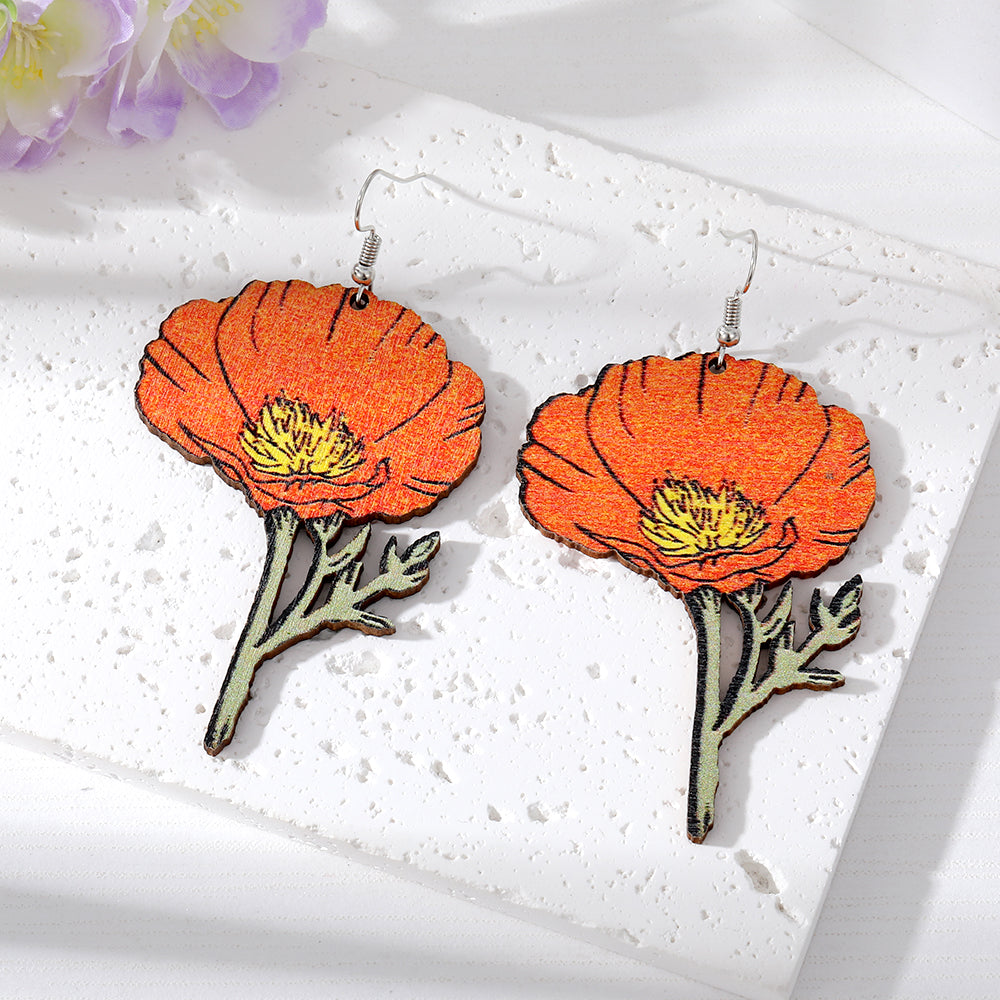 Wholesale Jewelry 1 Pair Retro Pastoral Leaves Flower Wood Resin Drop Earrings