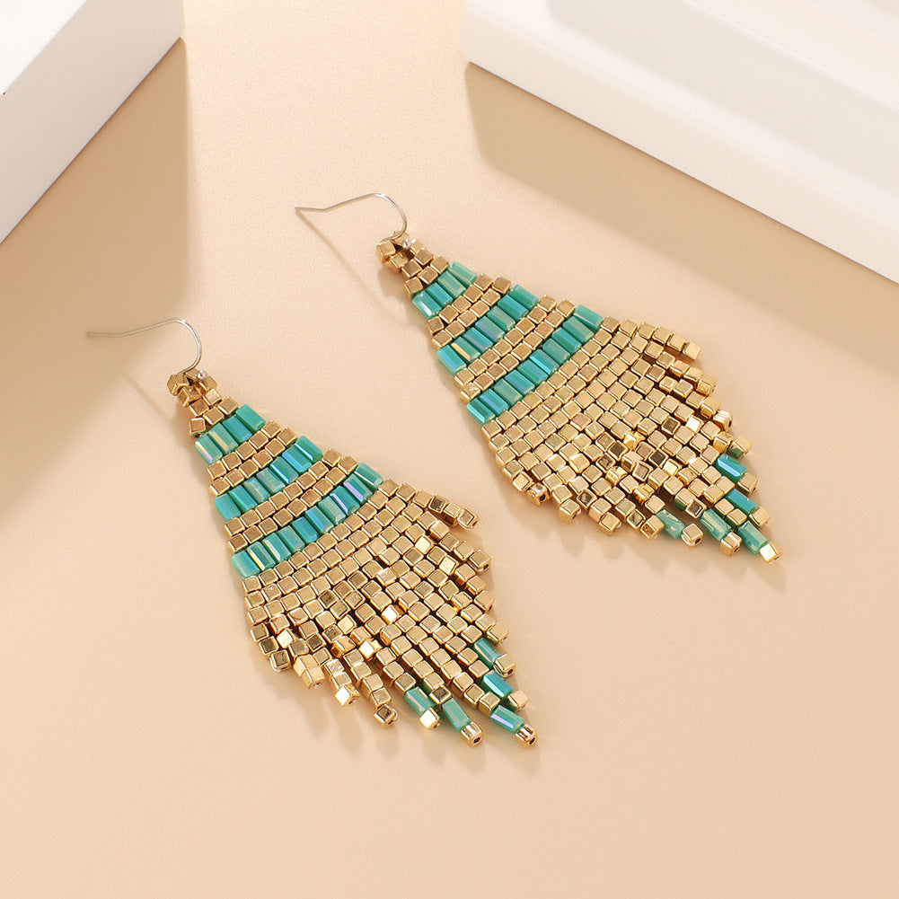 Wholesale Jewelry 1 Pair Bohemian Color Block Seed Bead Drop Earrings